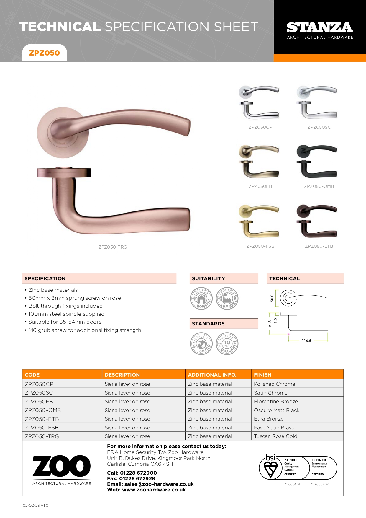 Siena Lever Handle on 50mm x 8mm Sprung Screw On Rose Modern Internal Door Handle Design - Image 3