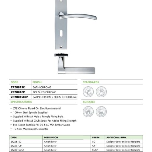 Alternative view of Amalfi lever on lock backplate