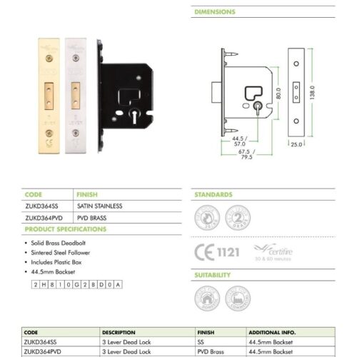 Alternative view of 3 Lever Dead Lock 64mm Complete with SSS Forend and Strike Keyed Alike Interior Door Lock
