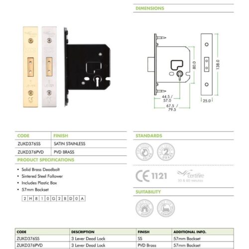 Alternative view of 3 Lever Dead Lock 76mm Complete with PVD Forend and Strike Interior Door Lock