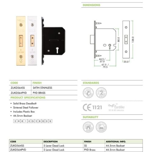 Alternative view of 5 Lever Dead Lock 64mm Complete with PVD Forend and Strike High Security Door Lock