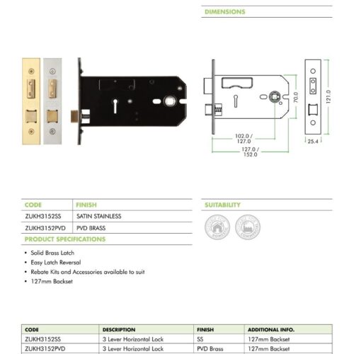 Alternative view of 3 Lever Horizontal Lock 152mm Keyed Alike Number 379 Mortice Door Lock