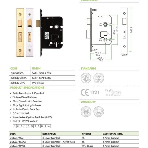 Alternative view of 3 Lever Sash Lock 76mm Complete with PVD Forend and Strike Mortice Door Lock